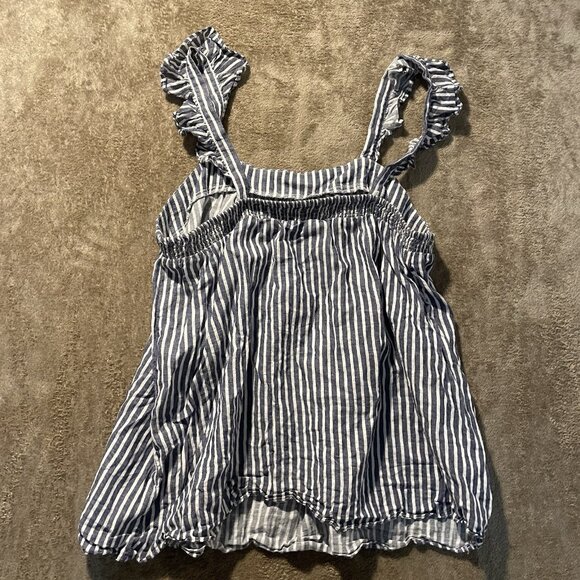 Old Navy Shirt Womens Medium Linen Ruffle Trim Sleeveless Tank Top Blue Striped - Picture 4 of 8
